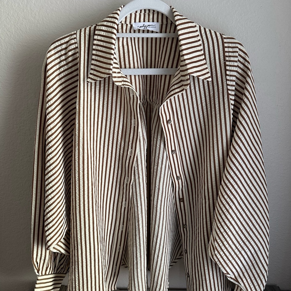 Carly Jean Los Angeles Brown and White Striped Button Down Shirt